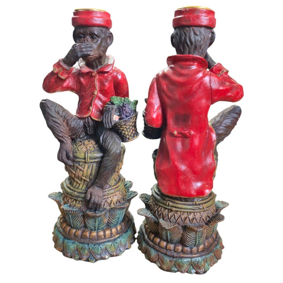 Vtg 2 Pc Speak No Evil Bell Hop Carnival Butler Monkeys Candle Holders 8” - Picture 6 of 13